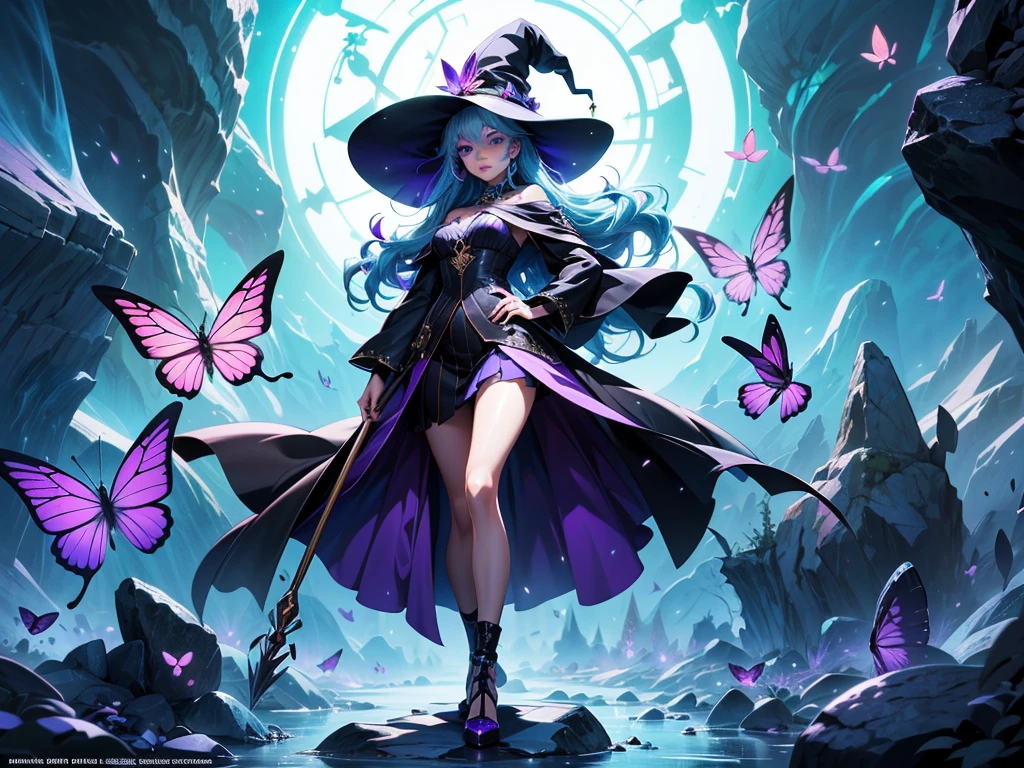 In the middle of so the storm on the stone field stand beatiful witch, she have a beautiful face with blue eyes shining purple lipstick and purple eye shadows, she have long blue hair with purple highlights, she dressed in black long coat short skirt high heels shoes and witch hat on her head , there is lighning butterflys fly all around her, (ultra high quality fantasy art, anime fantasy style, masterpiece, ultra high quality character design, 8k quality anime art, realistic anime art, top quality wallpaper illustration, detailed ultra high quality accurate face, high quality design and accurate physic)