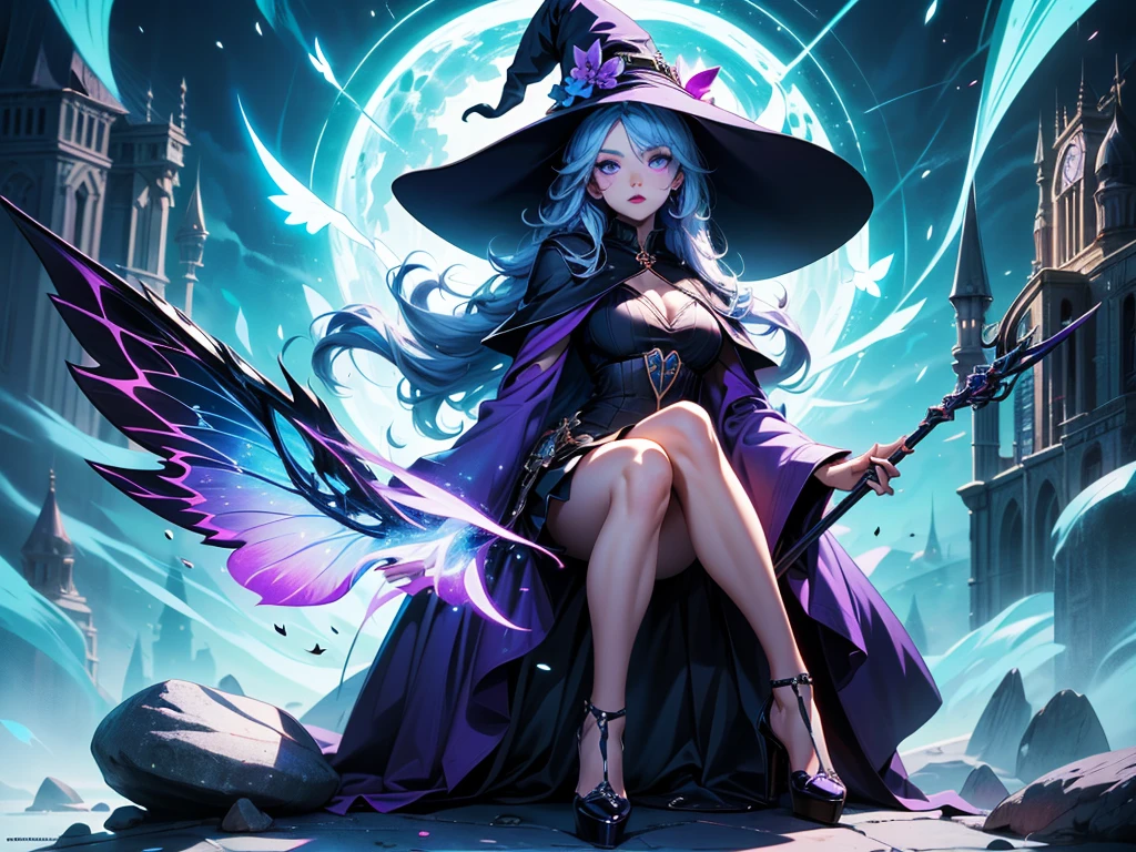 In the middle of so the storm on the stone field stand beatiful witch, she have a beautiful face with blue eyes shining purple lipstick and purple eye shadows, she have long blue hair with purple highlights, she dressed in black long coat short skirt high heels shoes and witch hat on her head , there is lighning butterflys fly all around her, (ultra high quality fantasy art, anime fantasy style, masterpiece, ultra high quality character design, 8k quality anime art, realistic anime art, top quality wallpaper illustration, detailed ultra high quality accurate face, high quality design and accurate physic)