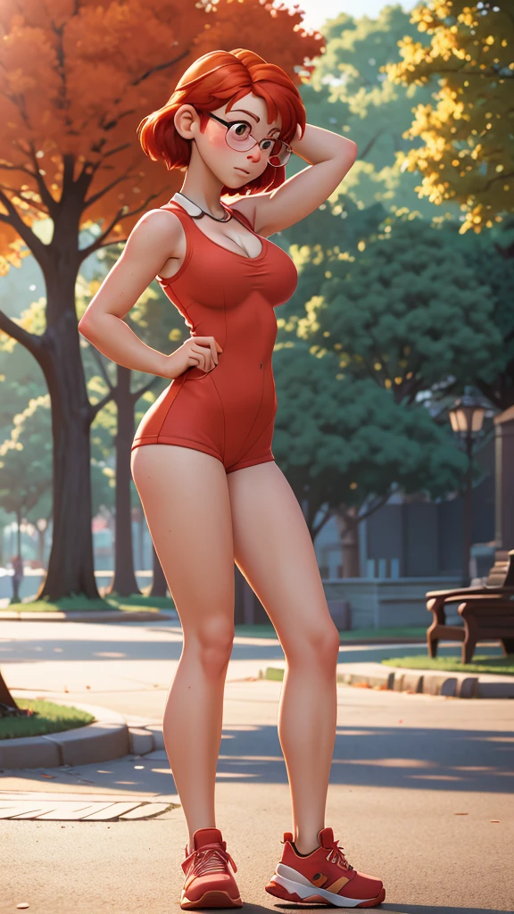 in a park, glasses, red hair, young girl, armpits, ((sideboob, cleavage)), sneakers, (((full body view))), bokeh, leotard