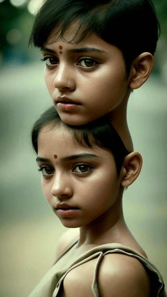 Film portrait photography, 1girl, bare shoulders, short hair, gentle, benevolent, gentle gaze, (realistic detailed eyes, natural skin texture, realistic face details), soft dramatic lighting, depth of field, bokeh, vivid details, detail, ultra-realistic, 35mm film, blur indian girl