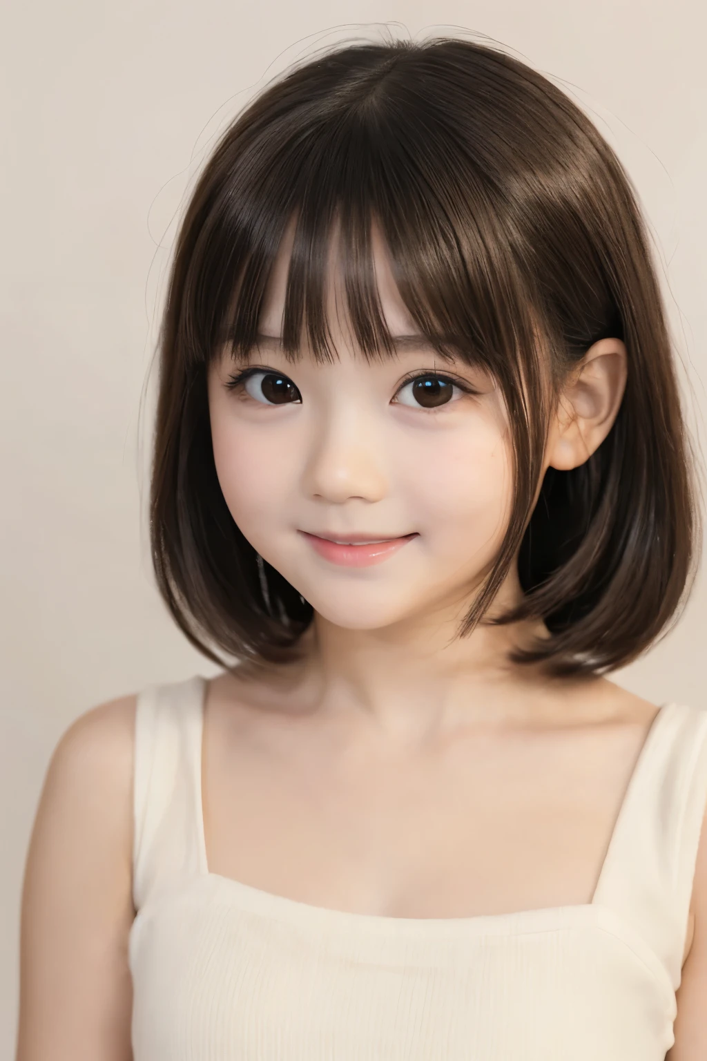 (A photo of your face:1.25), 6 years old, (Baby Face:1.4), (Round face:1.4), One Japanese woman, beautiful girl, Pretty face, (View your audience), (Standing facing the camera), (smile), (Beige tank top)、(Pure white background:1.2)