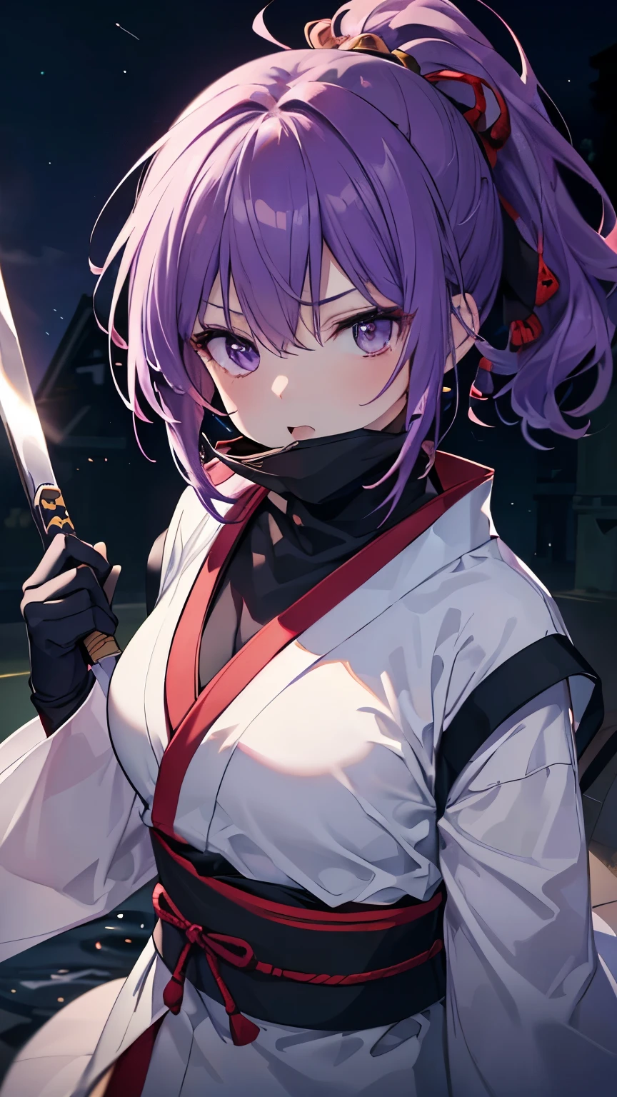 ((Best quality, 8k, Masterpiece: 1.3)), ((best quality)), ((masterpiece)), (detailed), perfect face, purple hair, side ponytail, mouth veil, (ninja), female ninja, grim expression, holding a Japanese sword, running in the dark night,white ninja costume, white clothes 