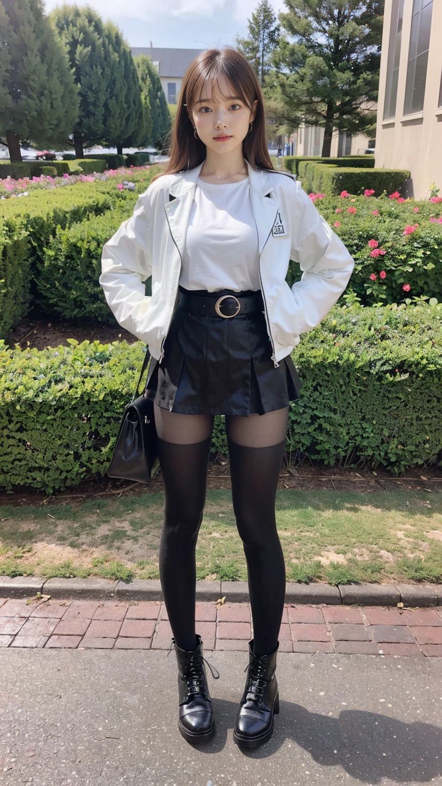 (8K、RAW Photos、Highest quality、masterpiece:1.2)、(Realistic、Realistic)、1 Girl、((Check mini skirt、Jacket、black、Thin legs、whole body、boots、one piece、tights、garden、View from the front、Looking into the camera、belt、Stand with hands on hips))、cute