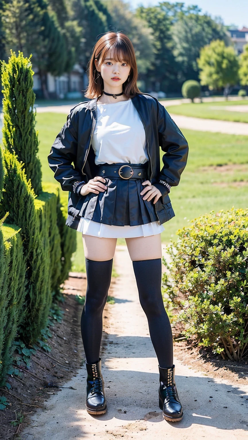 (8K、RAW Photos、Highest quality、masterpiece:1.2)、(Realistic、Realistic)、1 Girl、((Check mini skirt、Jacket、black、Thin legs、whole body、boots、one piece、tights、garden、View from the front、Looking into the camera、belt、Stand with hands on hips))、cute