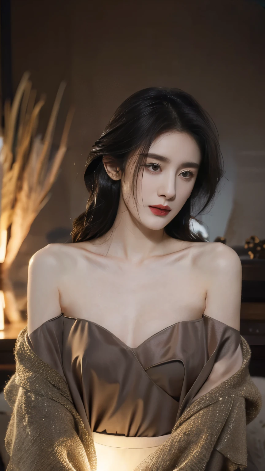 Best quality， masterpiece， Ultra-high resolution， （realistically：1.5）， RAW photos， Lovely， in the dark night， depth shadow， Low Tone， Cold Light， Sexy look,Shoulder length straight bob hair,Slim，Cleavage，Looming nipples