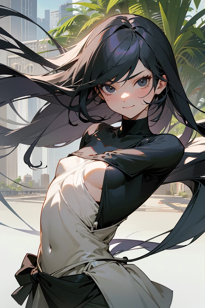 Perfect human body modeling, 1 girl, cute girl, pretty face, bitter smile, 12 years old, Beautiful black long hair, beautiful jet black eyes, flat chest, small build, No muscles, white skin, 2B, Nier automate dressing in costume, esp. as a manga character, A devastated world, cities eroded by vegetation