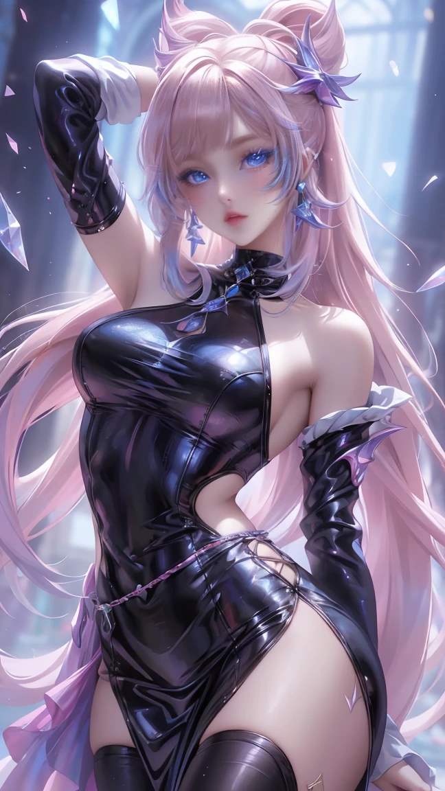 8K, Ultra-high resolution, Very detailed, Shiny詳細な髪, Detailed face, Fantasy Landscape, alone, View your viewers, {{Highest quality}}, {{masterpiece}}, {{Super detailed}}, {Detailed light}, Super high quality eyes, Fine grain, Perfect Eyes, Big eyes, Detailed blue eyes, pink and blue hair, Long Hair, decorate hair, beautiful, Skinny body, White skin, Lewd, erotic, Suggestive, beautiful sexy girl in a sexy black-blue-violet sequin dress, Shiny, stylish, ((Browsing Caution))