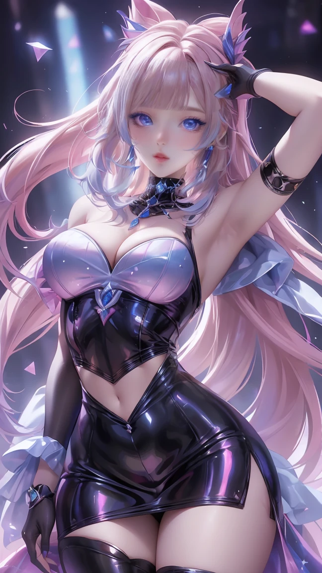 8K, Ultra-high resolution, Very detailed, Shiny詳細な髪, Detailed face, Fantasy Landscape, alone, View your viewers, {{Highest quality}}, {{masterpiece}}, {{Super detailed}}, {Detailed light}, Super high quality eyes, Fine grain, Perfect Eyes, Big eyes, Detailed blue eyes, pink and blue hair, Long Hair, decorate hair, beautiful, Skinny body, White skin, Lewd, erotic, Suggestive, beautiful sexy girl in a sexy black-blue-violet sequin dress, Shiny, stylish, ((Browsing Caution))