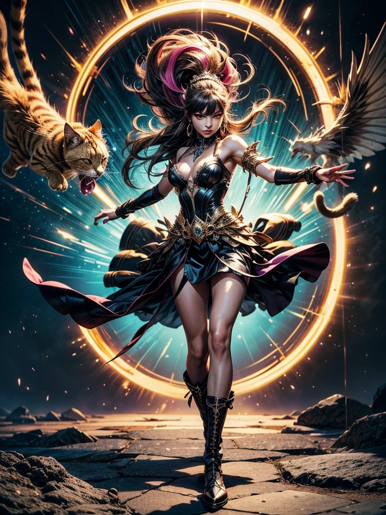 There is lost coliseum there stand female lioness in battle stance, she have ebony colour skin beautiful yellow cat eyes dark gold eyeshadows make up, ring style earrings, her hair is purple with pink highlights . she dressed in white neather topic with golden parts on countures also short and white leather straps on her cat legs instead of boots, her hands have hude ruby claws on her fingers, (ultra high quality fantasy art, anime fantasy style, masterpiece, ultra high quality character design, 8k quality anime art, realistic anime art, top quality wallpaper illustration, detailed ultra high quality accurate face, high quality design and accurate physic)