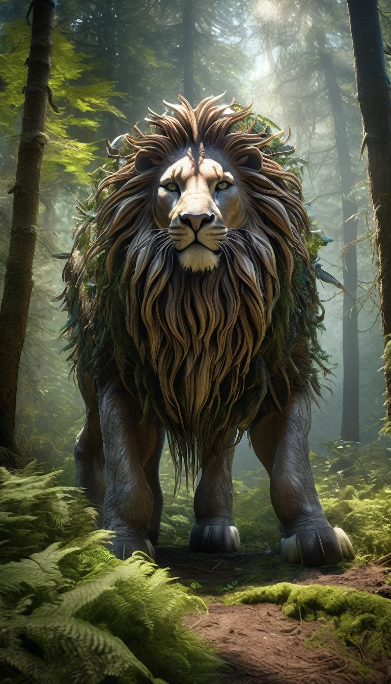 Panoramic front view，There is a creature in the forest，Human-like appearance，The whole body is covered with mane（best quality，4K，8K，High level，masterpiece：1.2），Ultra Detailed，（lifelike，Photo real，Photo real：1.37），Highly detailed animals，Complex patterns，Realistic lighting，Fantasy Creatures