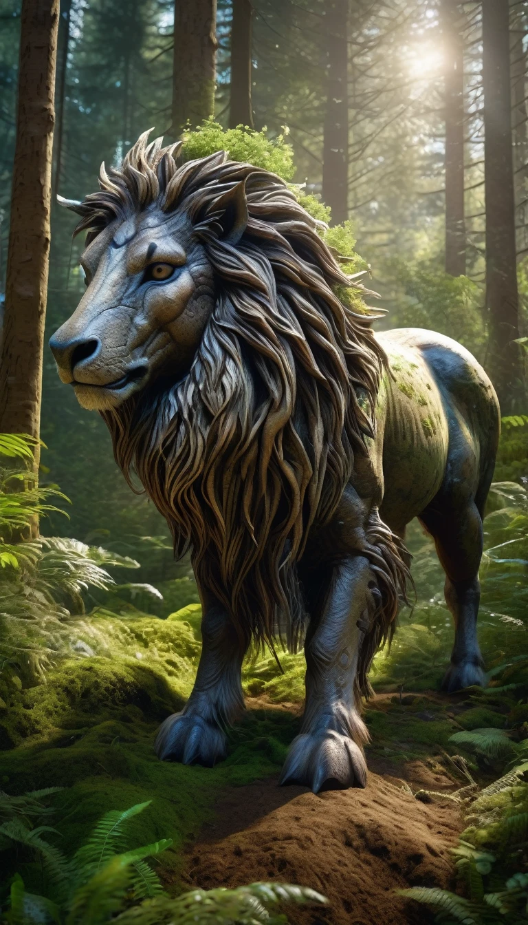 Panoramic front view，There is a creature in the forest，Human-like appearance，The whole body is covered with mane（best quality，4K，8K，High level，masterpiece：1.2），Ultra Detailed，（lifelike，Photo real，Photo real：1.37），Highly detailed animals，Complex patterns，Realistic lighting，Fantasy Creatures