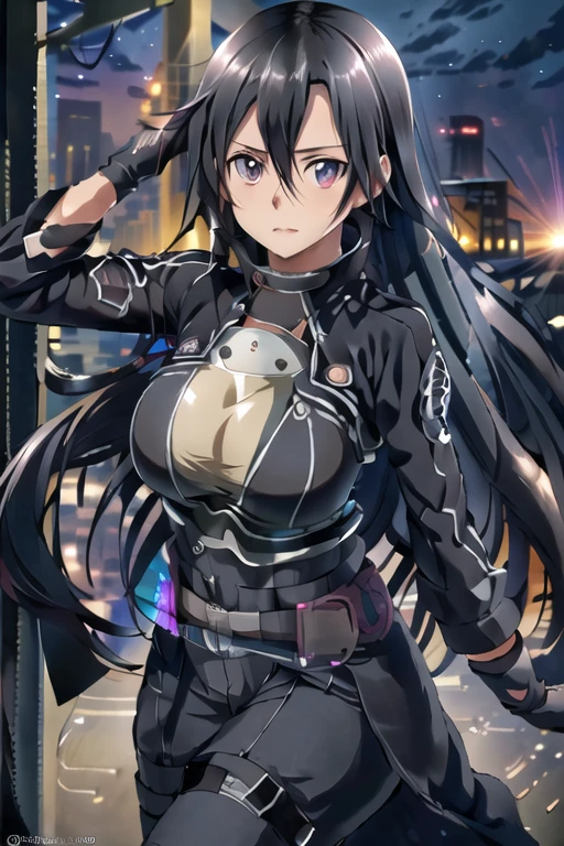 One girl, Cowboy Shot, beautiful Kirito_Genetically modified crops, Long Hair, Black hair ponytail, Iris, Outdoor, Kirito_suit, night,city , Volumetric lighting, Highest quality, masterpiece, Intricate details, Tone Mapping, Sharp focus, Super detailed, Trending on Art Station, (Cleavage:1.5, Big Breasts, Hourglass body type)