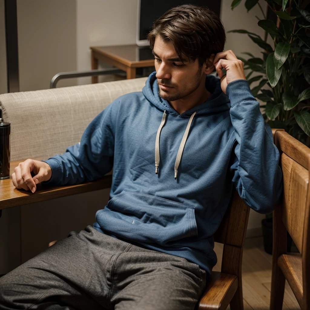 A man is sitting on a chair and table to tell stories but he don't wanna show his totally face and he is wearing a hoodie 