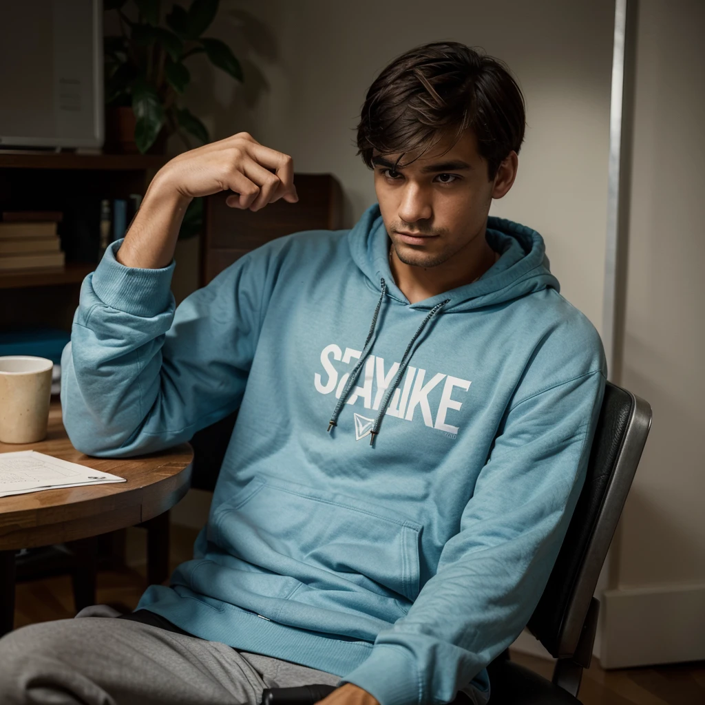 A man is sitting on a chair and table to tell stories but he don't wanna show his totally face and he is wearing a hoodie