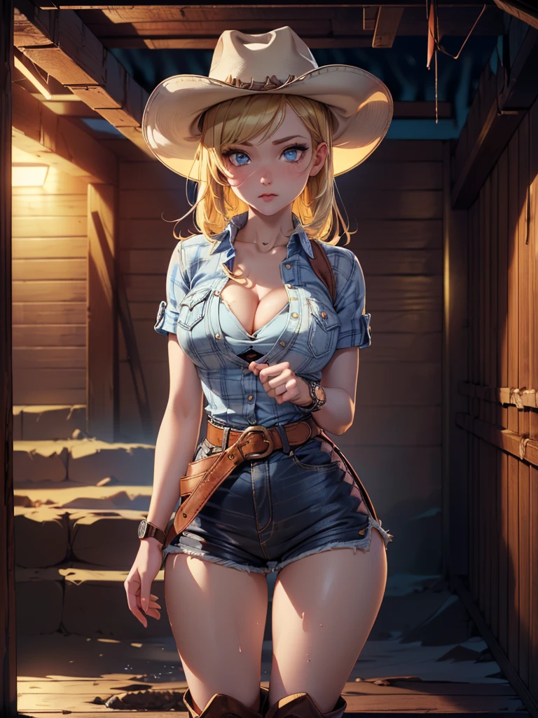(((Cowgirl Costume))),(((Wear low-waisted denim shorts and short western boots))),(((Wear a western hat))),(((wear a leather belt))),(((He is wearing short sleeves, Plaid, front tie shirt))),(((Wear a watch on your wrist))),(((Showing cleavage))),(((Bare inner thighs))),(((Bare arms))),(((Her hair is blonde))),Beautiful detailed girl, Very detailed目と顔, 緻密でBeautiful Eyes, Very detailedな, High resolution, Highest quality, masterpiece, Very detailed, 8k wallpaper, wonderful, finely, Highest quality,One girl,(((Basement at night:1.5))),(((Standing in front of a wooden wall))),Beautiful Eyes,((The face that was washed away:1.5)),Open your mouth