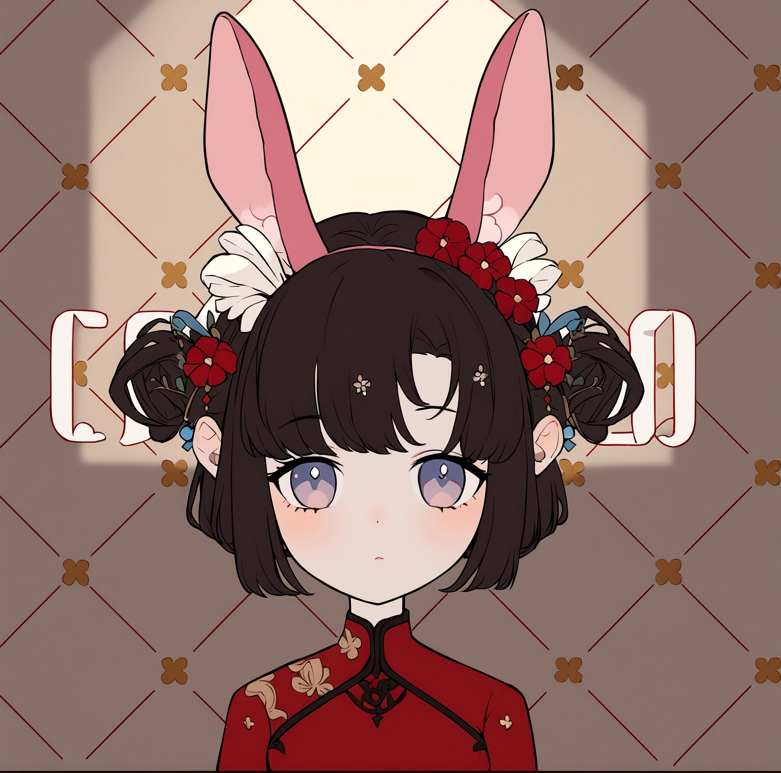 a girl with a bunny ears and a red dress with flowers in her hair and a name on the side of her head, Fan Qi, character portrait, a character portrait, cloisonnism