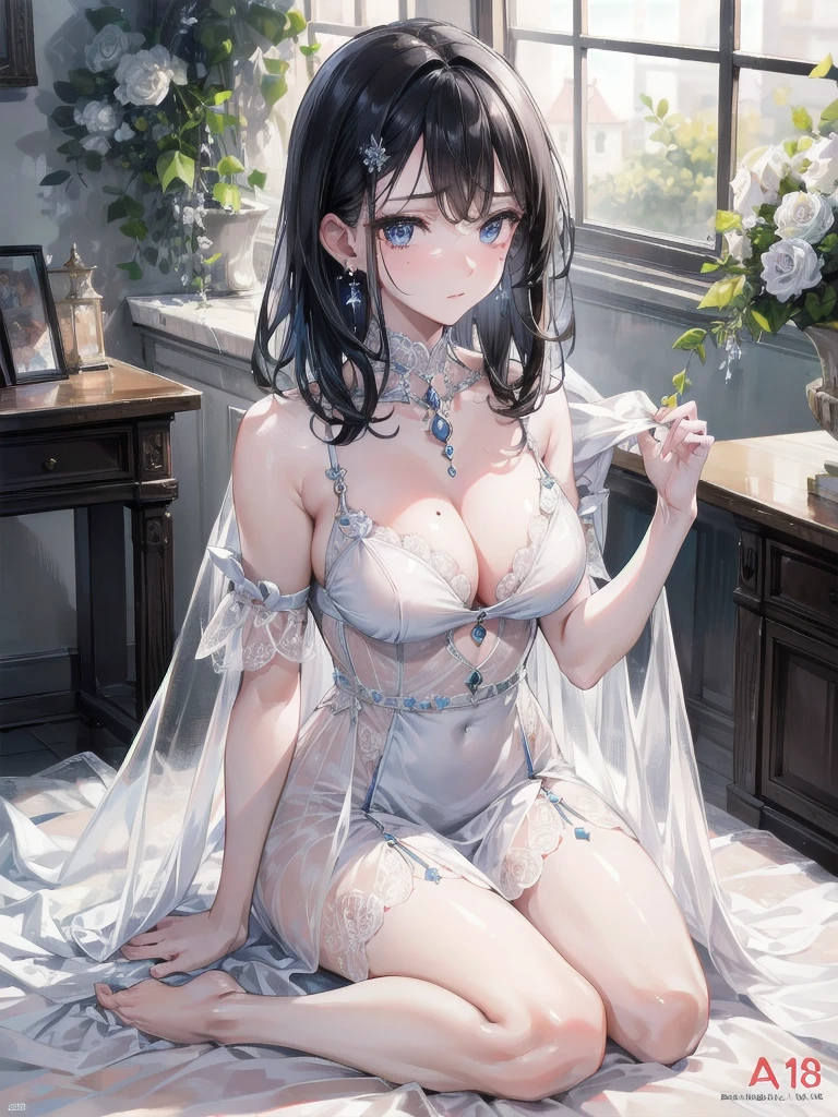 absurdres, RAW photo, extremely delicate and beautiful, masterpiece, Best Quality, ultra high resolution, 32k, hyperrealistic, ultra-detailed, delicate facial features, beautiful detailed woman, tearful mole, earring, medium breasts, (full body shot), medium hair, black hair, teacher,
