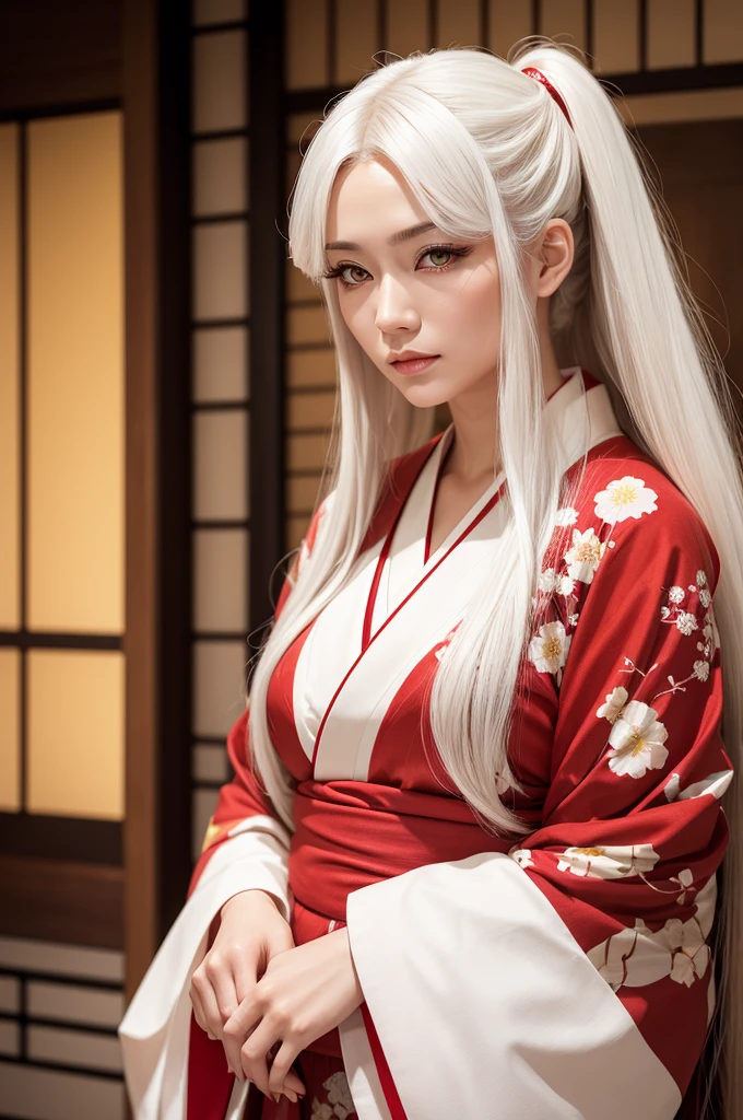 A beautiful adult woman with yellow eyes and long white hair wearing a red Japanese kimono