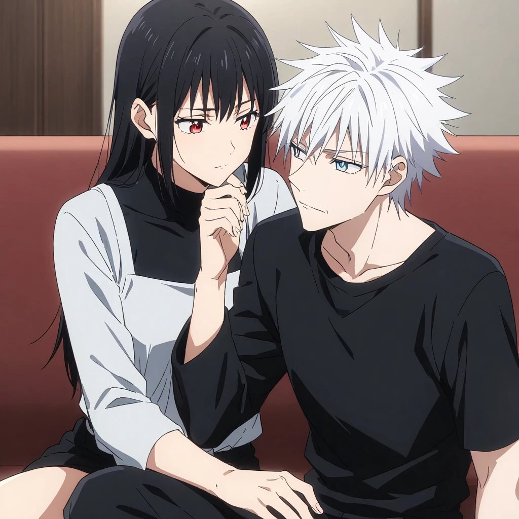 An anime-style image featuring two characters sitting closely together. The character on the left has spiky white hair, light blue eyes, and wears a black shirt. He is resting his chin on his hand while looking at the other character. The character on the right has long black hair, red eyes, and is dressed in a black outfit with a thin strap. She has a calm expression, and both of them are sitting on a couch in what seems to be an intimate setting.