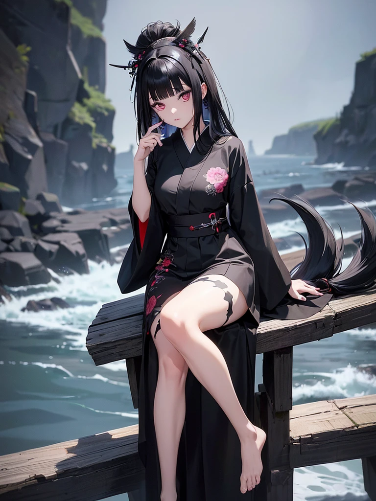 Black Hair、Black Feather、Gothic punk dress、Legs sticking out, Crossing your legs、anime zombie witch design, Crossbones, Streetwear Design, Provector, Horror Style, Full Design, Only 6 colors, Solid Colors, No Shadow, Full Design, Stickers, Bright colors, White Background.Ultra-fine illustrations,(((Beautiful fine hair))),(((Beautiful Faces))),(((Beautiful background))),(((Beautiful fine hair))),(((Beautiful Faces))),(((Beautiful background)))、Black Hair、Blunt bangs,Undershot,yukata,Tanabata,River side