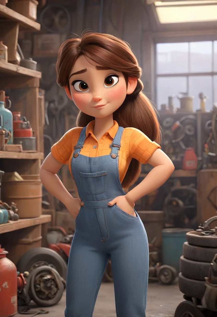 (disney pixar style:1.2) (cute adorable girl:1.15) (adult age 20:1.15)  brown hair, ponytail, jumpsuit, huge breasts, cleavage, sexy mechanic, in a garage, (perfect hands:1.1)  (extreme far shot, full body, zoomed out:1.1)