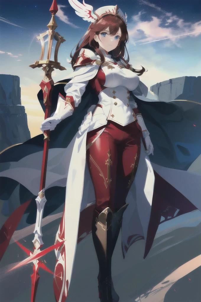 a close up of a woman in a red outfit holding a Staff, white and red armor, Mage, white helmet with wings, brown hair, blue eyes, black boots, dark red long pants, white clothes, big boob