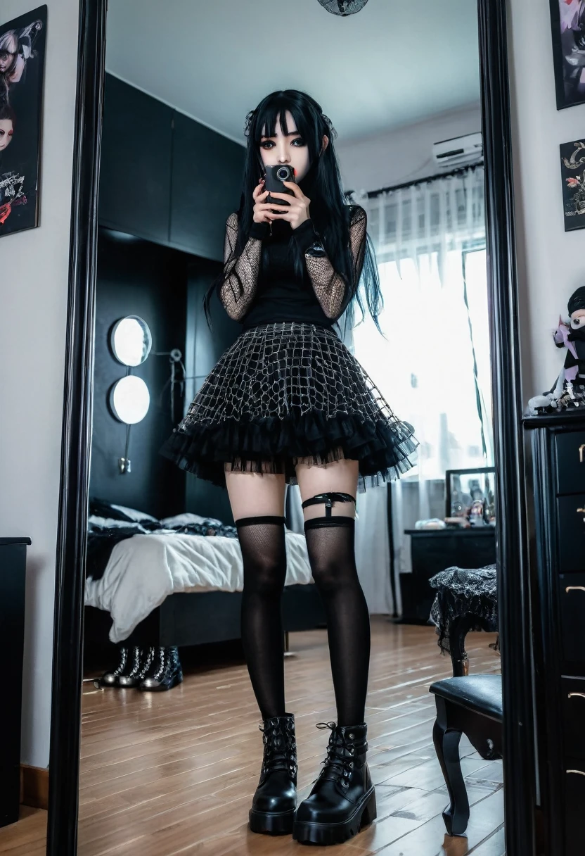 otaku girl, with black skirt, mesh netting, gothic boots, taking a photo with his phone, in the mirror of your room 