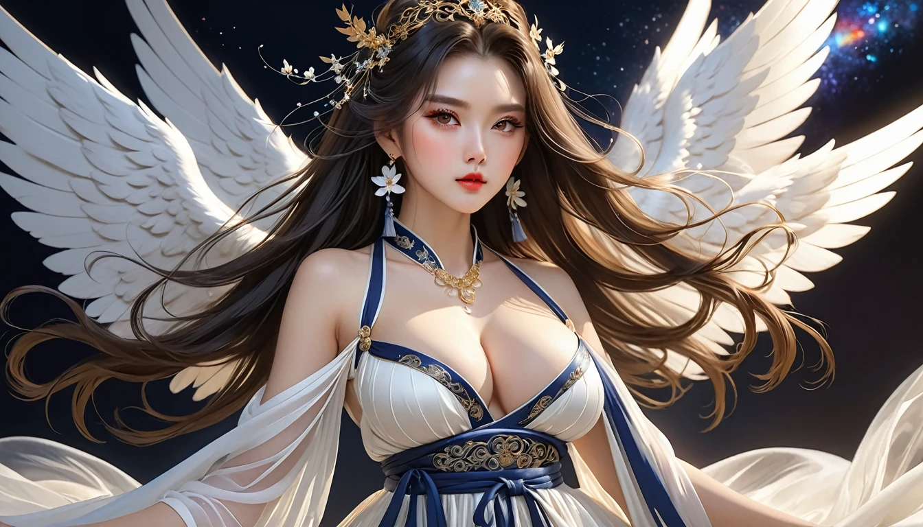 Woman in transparent dress,Viewer,(((Full breasts, Keeley University))),Slim waist,(Navel exposed,Bare waist), Long hair, extreme detailed details, Detailed fantasy art, Stunning character art, Beautiful and exquisite character art, Beautiful transparent dress, Very detailed, Girl wearing flowing Hanfu, Exquisite headpieces and jewellery,Crystal jewelry filigree, galaxy, Stunning visuals, (Dynamic Stripes, light rail:1.2), Vibrant colors,Long hair动漫女孩和狐狸, 美丽的白金色Angel女士, 白毛Angel, Beautiful character painting, Beautiful anime portrait, Angel翅膀的女孩, a beautiful Angel woman, Mystical artwork, Guweiz, by Ren Renfa, Angel, Large Breasts，Full breasts，Golden ratio figure，Perfect body，Ultra wide-angle shooting，Full body shot，Body close-up，Full body shot，Wearing a pleated tulle skirt，Soft anime illustration, Soft dark background，Fujifilm XT3 Clear focus, f 5.6, High Detail, Clear focus, Dramatic, (Wearing openwork clothing), (Looking at the audience:1.8), (Natural light), (Tempting)translucent, Good velvet quality, Compared, Divine Light,, Silver gray hair, Sky background, Absolute Strength,女性Angel，Girl in sexy silk,，Large Breasts，Full breasts，Golden ratio figure，Perfect body，Ultra wide-angle shooting，Full body shot，Body close-up，Full body shot， Wearing a tulle dress, Model shooting style, Large Breasts，Full breasts，Golden ratio figure，Perfect body，(Extremely detailed CG 8k wallpaper unit), The most beautiful artistic photos in the world, , 8K Ultra HD, ) On the big white bed，Lazy gesture，Charming and seductive expression，best quality,masterpiece,Ultra-high resolution,(Practical:1.4),original photo,Ultra-high resolution，White skin，Exquisite makeup，Long legs，Bright beautiful eyes，用深色眼影打造Exquisite makeup，