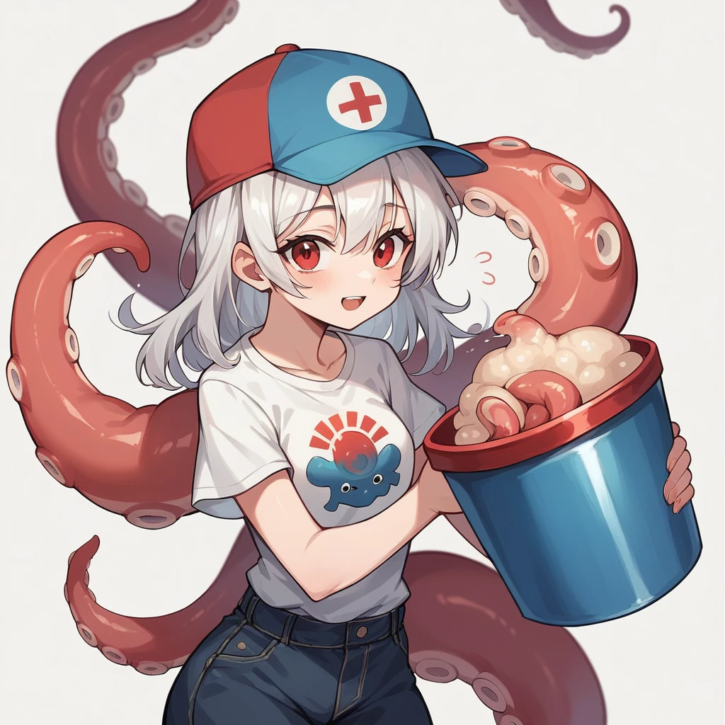 Create an image of a cartoon octopus character with a friendly and cheerful expression. The octopus should have vibrant colors and be drawn in a simple, 2D style. The background should be completely white to make the character stand out. The octopus can have a few playful features, such as a hat or holding a small object, but it should remain cute and suitable for a T-shirt design. The overall vibe should be fun and appealing.