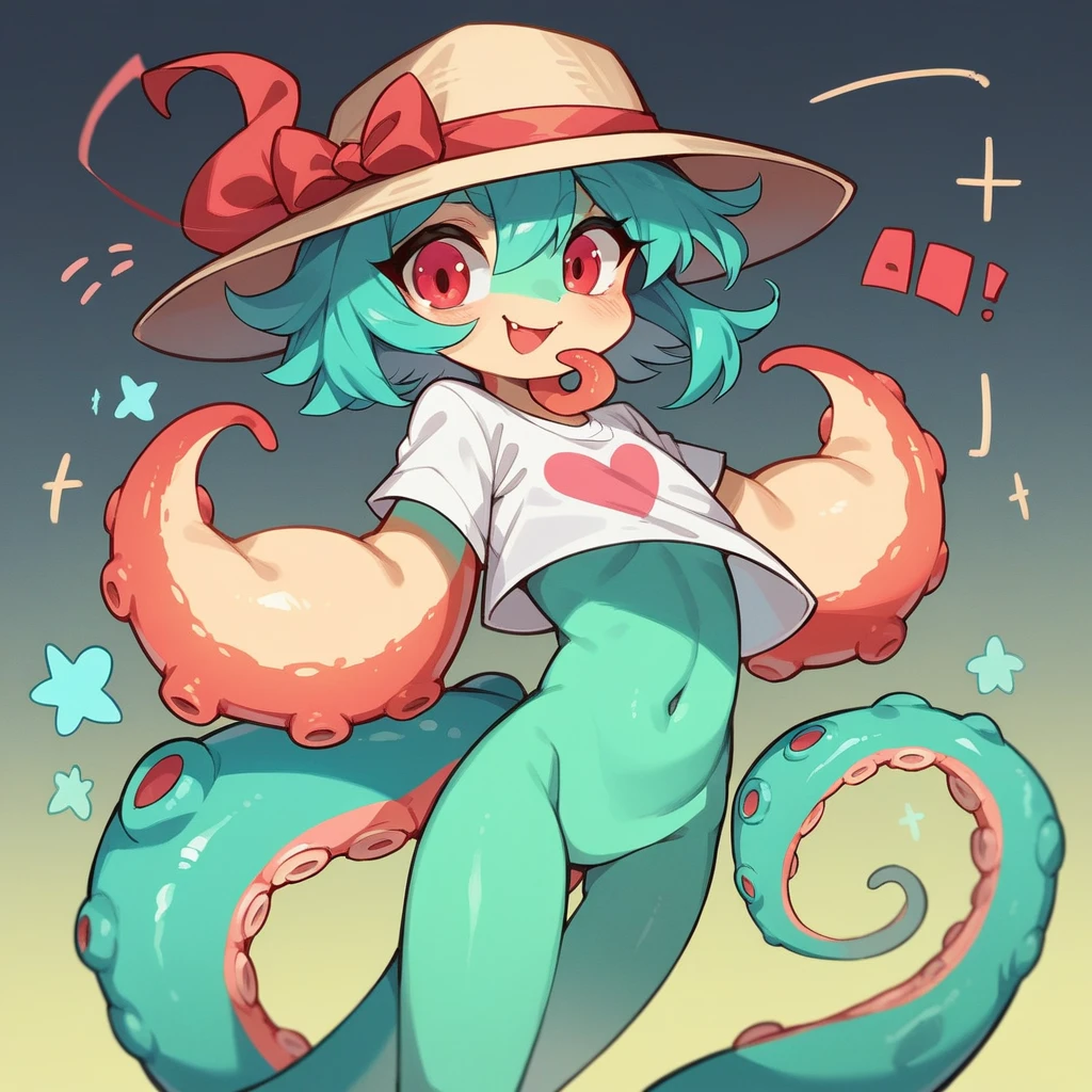 Create an image of a cartoon octopus character with a friendly and cheerful expression. The octopus should have vibrant colors and be drawn in a simple, 2D style. The background should be completely white to make the character stand out. The octopus can have a few playful features, such as a hat or holding a small object, but it should remain cute and suitable for a T-shirt design. The overall vibe should be fun and appealing.