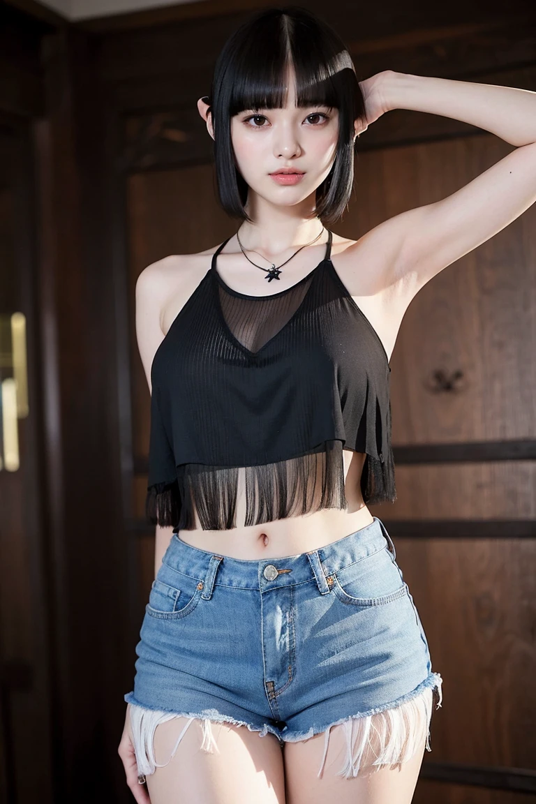 (8K, RAW Photos, Highest quality, masterpiece:1.2), Super detailed, Super Resolution, (Realistic, Realistic Photo:1.37), Portraiture, High-definition RAW color photos, Professional photos, 非常に詳細で美Shii, 非常にDetailed, 8K壁紙, 素晴らShii、Detailed, Large file size, Official Art, highly detailed CG unity 8K壁紙, 非常にDetailed美Shii女の子, 非常にDetailed顔, 非常にDetailed目, 非常にDetailed肌, 非常にDetailed指, 非常にDetailed鼻, 非常にDetailedDetailed口 , Perfect Anatomy, 非常にDetailed背景, Very elaborate clothing, One girl,, 20th Generation, cute girl, Realistic body, Fair skin, Glowing Skin , The body is slim, Handsome body, Black Hair , Curly Hair, (Blunt bangs:2), smile, cute, like々Shii, cute face, Realistic Face, Delicate eyes, Droopy eyes, Black T-shirt, Blue mini skirt, Earrings,necklace、 View your viewers, Cowboy Shot, Look forward, Standing position, Opposition, Dynamic Lighting, Large Breasts,
