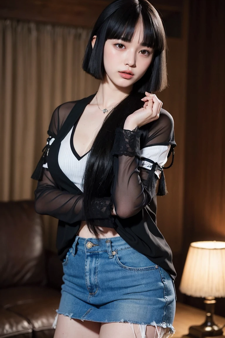 (8K, RAW Photos, Highest quality, masterpiece:1.2), Super detailed, Super Resolution, (Realistic, Realistic Photo:1.37), Portraiture, High-definition RAW color photos, Professional photos, 非常に詳細で美Shii, 非常にDetailed, 8K壁紙, 素晴らShii、Detailed, Large file size, Official Art, highly detailed CG unity 8K壁紙, 非常にDetailed美Shii女の子, 非常にDetailed顔, 非常にDetailed目, 非常にDetailed肌, 非常にDetailed指, 非常にDetailed鼻, 非常にDetailedDetailed口 , Perfect Anatomy, 非常にDetailed背景, Very elaborate clothing, One girl,, 20th Generation, cute girl, Realistic body, Fair skin, Glowing Skin , The body is slim, Handsome body, Black Hair , Curly Hair, (Blunt bangs:2), smile, cute, like々Shii, cute face, Realistic Face, Delicate eyes, Droopy eyes, Black T-shirt, Blue mini skirt, Earrings,necklace、 View your viewers, Cowboy Shot, Look forward, Standing position, Opposition, Dynamic Lighting, Large Breasts,