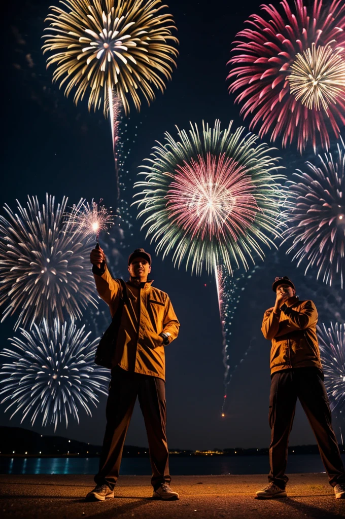 Two men set off fireworks at night