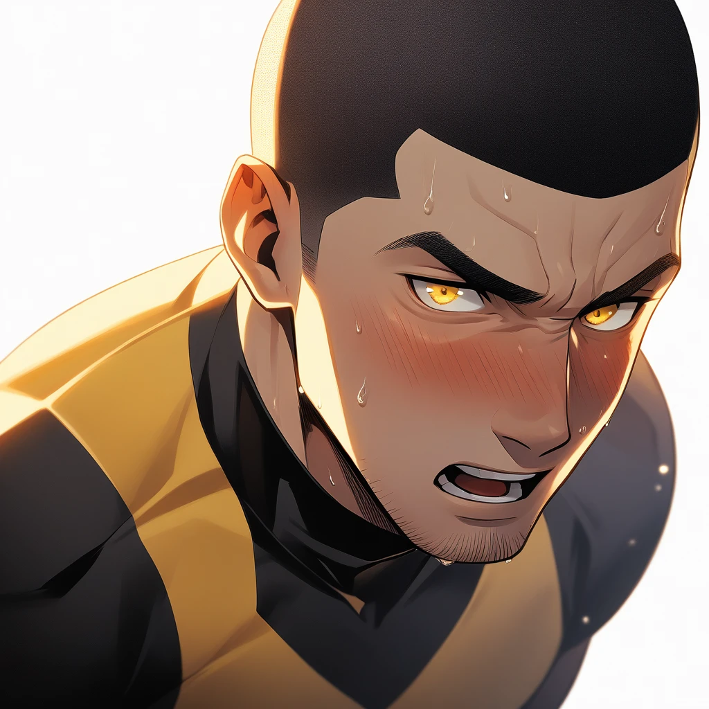 1muscular sportsman, Athlete，male focus, Buzz Cut, Yellow and black tight T-shirt, Very tight, muscular male, muscular, only, Upper body, alone, look to the side, short hair, stubble, sweat, black hair, Yellow eyes, open lips, White background, simple background, amazing quality, best aesthetics, Ridiculous, crew cut, moaning, blush, clair obscur, cinematic lighting, best quality, textured skin
