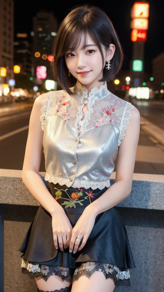 (8K, Photorealistic, Raw photo, Highest quality: 1.4),Japanese idol-style beautiful girl,1 person,18-year-old,(Short Bob),(Silver Hair :1.1),She has her hair tucked behind her ears,Clear grey eyes,Long eyelashes,(piercings(small)),(Lip gloss),lips(Plump,glossy),thin long neck,(camisole),(flare skirt(Layered lace)),pumps,(Sleeveless jacket((Lace embroidery),(Mesh))Layering),Night in the city,Date with boyfriend,Smiling at the camera,Full body portrait