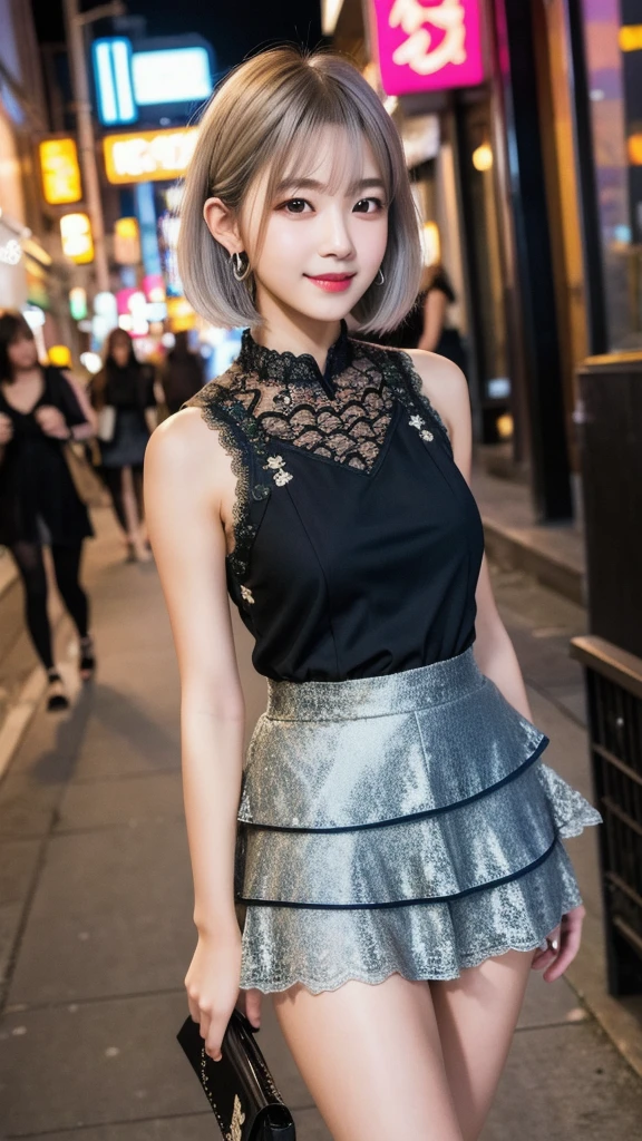 (8K, Photorealistic, Raw photo, Highest quality: 1.4),Japanese idol-style beautiful girl,1 person,18-year-old,(Short Bob),(Silver Hair :1.1),She has her hair tucked behind her ears,Clear grey eyes,Long eyelashes,(piercings(small)),(Lip gloss),lips(Plump,glossy),thin long neck,(camisole),(flare skirt(Layered lace)),pumps,(Sleeveless jacket((Lace embroidery),(Mesh))Layering),Night in the city,Date with boyfriend,Smiling at the camera,Full body portrait
