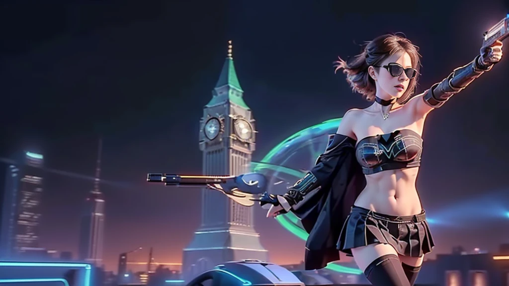 (aerial view). at night, futuristic sci-fi cyberpunk city, broad viaduct, skyscrapers at the end of the viaduct, the movie "13th Floor" style, (((((voltex-spirit-spreading giant clock tower as time machine))))), hq. Matrix style, at night, (1girl, solo), photo realistic, (large-breast:1.2 slim body, cleavage:1.3), (((tube top, extreamly short pleated (((miniskirt)))))), (((((matrix style black sunglasses))))), (((((aiming at camera with a (short:0.8 pistol)))))), (((half-body (thigh level) medium shot))), (cinematic lighting).