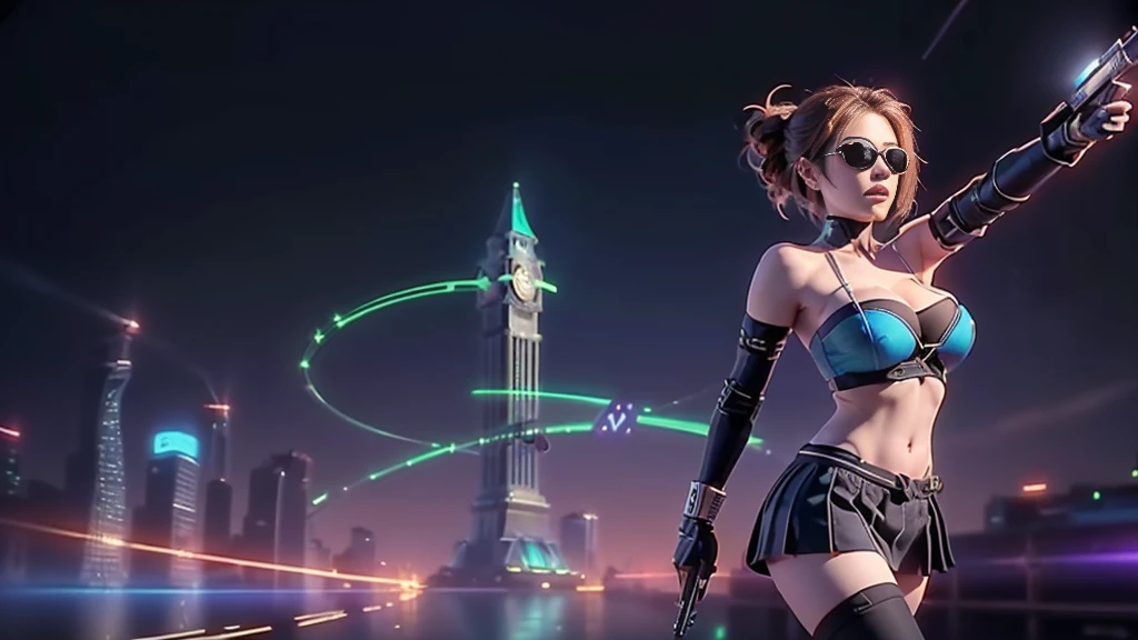 (aerial view). at night, futuristic sci-fi cyberpunk city, broad viaduct, skyscrapers at the end of the viaduct, the movie "13th Floor" style, (((((voltex-spirit-spreading giant clock tower as time machine))))), hq. Matrix style, at night, (1girl, solo), photo realistic, (large-breast:1.2 slim body, cleavage:1.3), (((tube top, extreamly short pleated (((miniskirt)))))), (((((matrix style black sunglasses))))), (((((aiming at camera with a (short:0.8 pistol)))))), (((half-body (thigh level) medium shot))), (cinematic lighting).