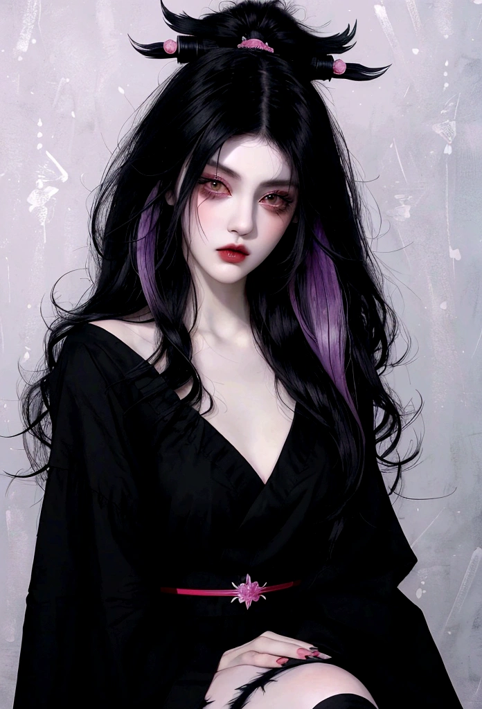 Black Hair、Black Feather、Gothic punk dress、Legs sticking out, Crossing your legs、anime zombie witch design, Crossbones, Streetwear Design, Provector, Horror Style, Full Design, Only 6 colors, Solid Colors, No Shadow, Full Design, Stickers, Bright colors, White Background.Ultra-fine illustrations,(((Beautiful fine hair))),(((Beautiful Faces))),(((Beautiful background))),(((Beautiful fine hair))),(((Beautiful Faces))),(((Beautiful background)))、Black Hair、Blunt bangs,Undershot,yukata,Tanabata,River side