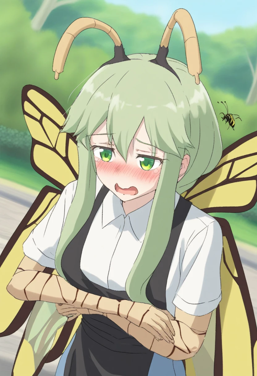 {{portrait, dutch angle}} {{Artist: Sincos}} 1female, mature female, 4 arms, segmented arms, tall, insect girl, wasp wings, green eyes, carapace, chitin, antennae, green carapace, green hair, long hair, cute, flustered, day, park, black apron, blue jeans, white shirt, mantis,
