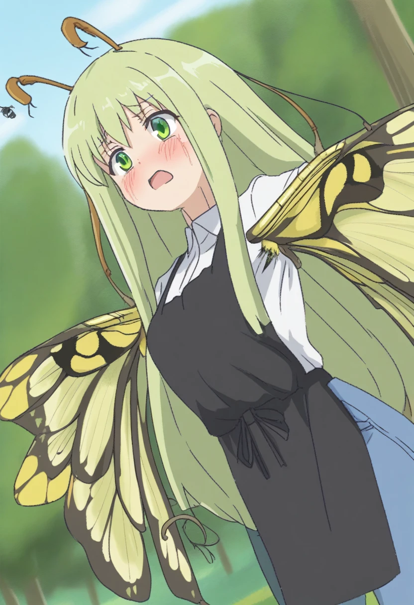 {{portrait, dutch angle}} {{Artist: Sincos}} 1female, mature female, 4 arms, segmented arms, tall, insect girl, wasp wings, green eyes, carapace, chitin, antennae, green carapace, green hair, long hair, cute, flustered, day, park, black apron, blue jeans, white shirt, mantis, 