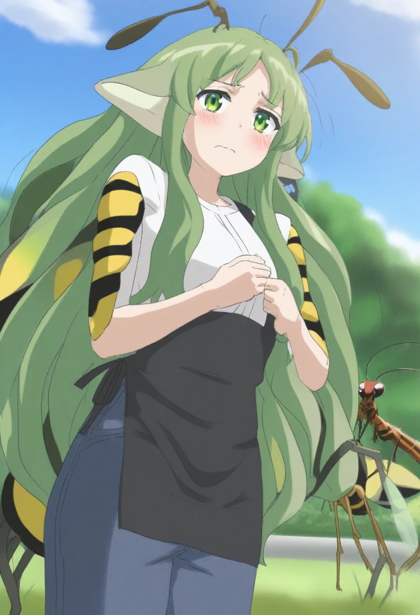 {{portrait, dutch angle}} {{Artist: Sincos}} 1female, mature female, 4 arms, segmented arms, tall, insect girl, wasp wings, green eyes, carapace, chitin, antennae, green carapace, green hair, long hair, cute, flustered, day, park, black apron, blue jeans, white shirt, mantis, 