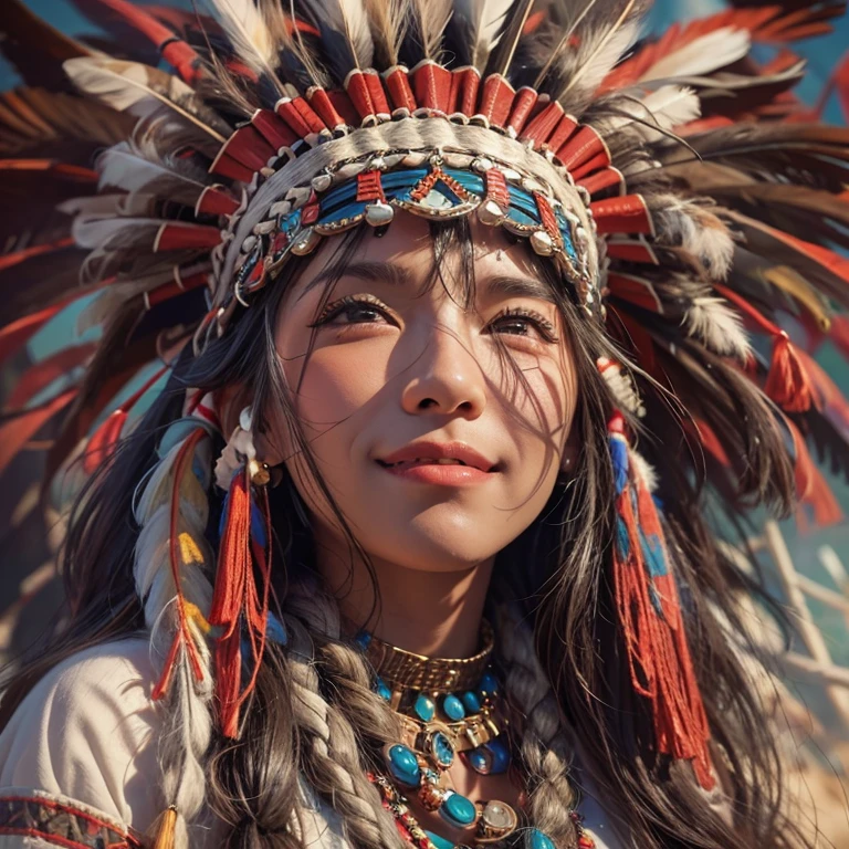 At the Grand Canyon、Hair flow、 ((Highest quality、masterpiece、8K、Best image quality、Ultra-high resolution、Award-winning works)、(Accurate anatomy:1.1)、(Look at me and smile:1.1)、Shining fair skin with Ultra-high resolution、The most detailed face、Ultra-high resolution detailed face、Ultra-high resolutionの髪の毛、(Ultra-high resolutionの煌めく瞳:1.1)、Beautiful face drawn in every detail、(Blurred Background:1.1)、Native American Costume, American Indian Clothing, Chest to chest, tattoo、A real giant condor next to you。