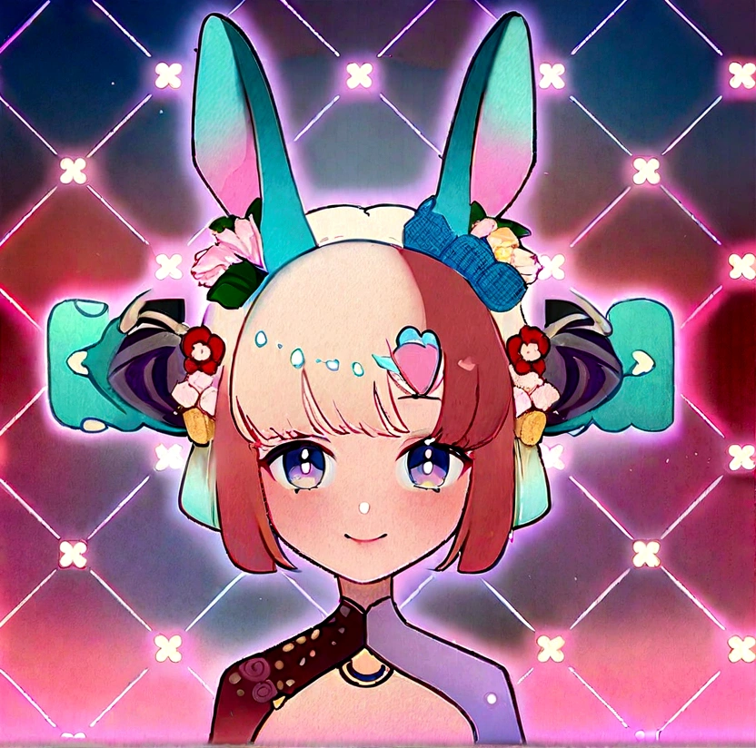 a girl with a bunny ears and a red dress with flowers in her hair and a name on the side of her head, Fan Qi, character portrait, a character portrait, cloisonnism