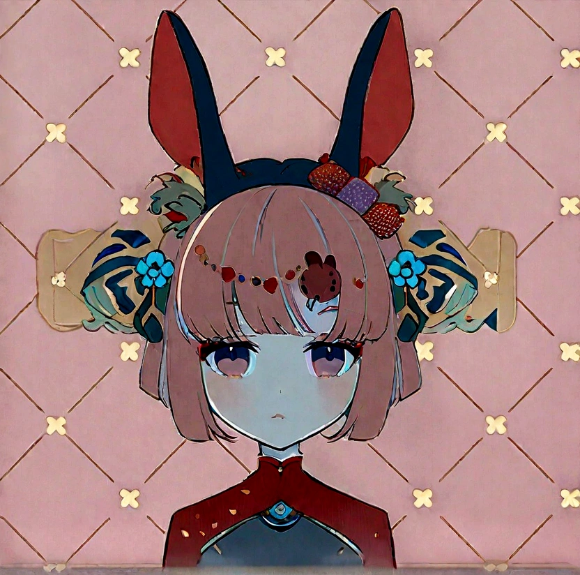 a girl with a bunny ears and a red dress with flowers in her hair and a name on the side of her head, Fan Qi, character portrait, a character portrait, cloisonnism