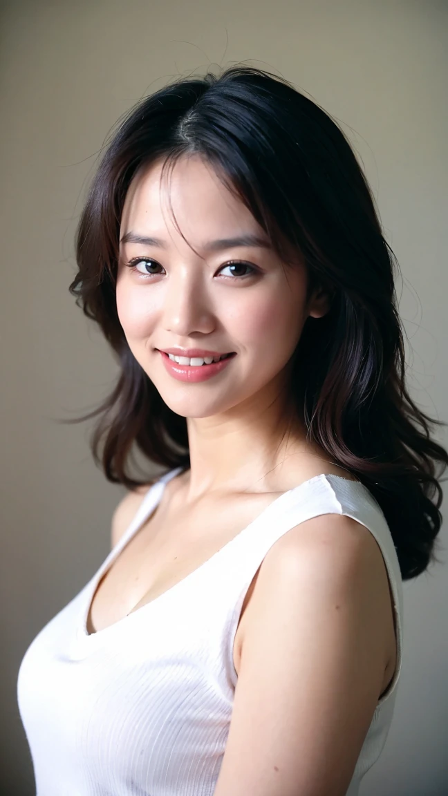 ((Highest quality、8K、masterpiece:1.3))、Realistic, Sharp focus, High resolution, High resolution,Portraiture, One person、Japanese、woman, beautiful woman, (((V-neck sleeveless casual dress)))、30 years old, Attractive person, Medium Long Hair,smile