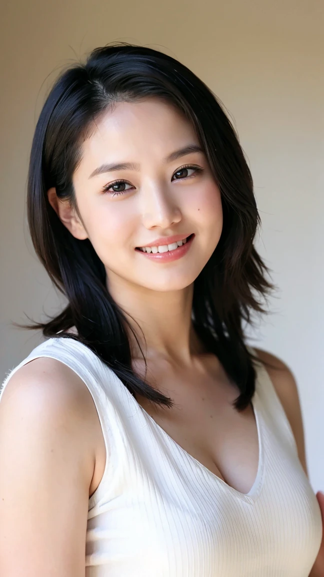 ((Highest quality、8K、masterpiece:1.3))、Realistic, Sharp focus, High resolution, High resolution,Portraiture, One person、Japanese、woman, beautiful woman, (((V-neck sleeveless casual dress)))、30 years old, Attractive person, Medium Long Hair,smile