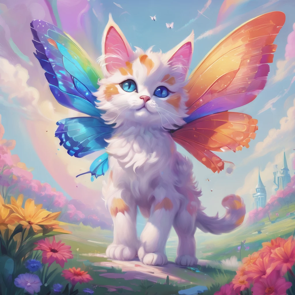 Butterfly and cat fusion。Fluffy fur cat。Jump。Flying in the sky。Rainbow colors。bright。Fairy。Flower field and crystal。mineral。Quadrupedal。