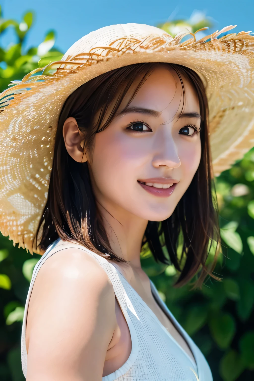 Top quality, 1 beautiful woman, Sunlight, ((masterpiece, Highest quality, High resolution)), smile, (Wear a straw hat:1.3), 1 Japanese girl, (Realistic: 1.4), Great face, 15 years old, Medium Hair, (Beautiful Hair:1.5), one piece, Meadow and blue sky, Angle from the front, (Close-up of face:1.3), Smooth, Highly detailed CG composite 8K wallpaper, High resolution RAW color photos, Professional photography, Light, BackLight, dream-like, impressive, Written boundary depth