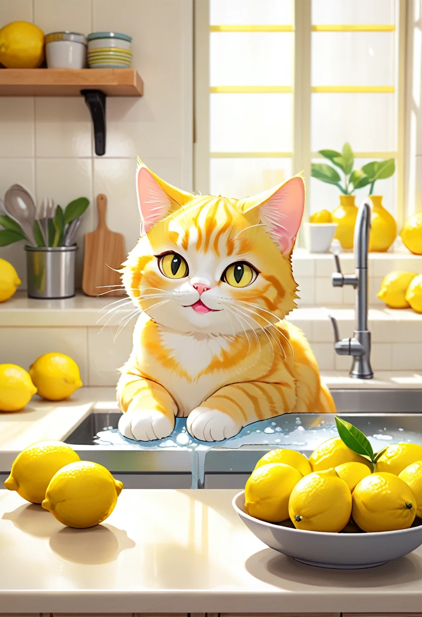 cartoony, ice cubes, lemon,Visual: A bright, cheerful kitchen. A plump, yellow tabby cat named Lemon sits on the counter next to a bowl of lemons. Narrator: "Meet Lemon, the mischievous cat!"